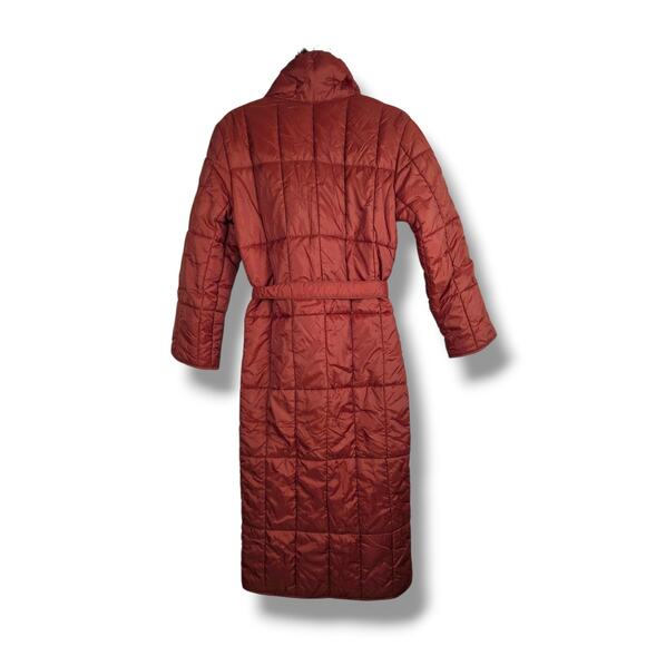 Vintage Quilted Jacket Womens Size 12 Real Fur Collar Long Rust Burnt Red Belted - Picture 2 of 11